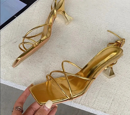 Women Gold Silver Sandals Heels Thin Lace Up Narrow Band-SH-1094