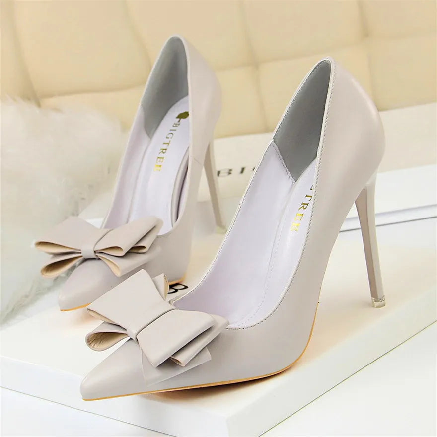 BIGTREE Bowknot Sweet Pumps Heels Soft Leather Women Stiletto-SH-1019