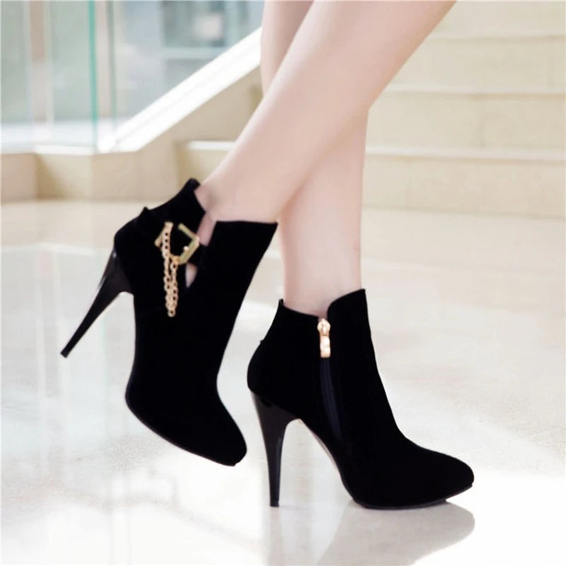 Ankle Boots Pointed Toe Thin Heels Flock Buckle-SH-1192