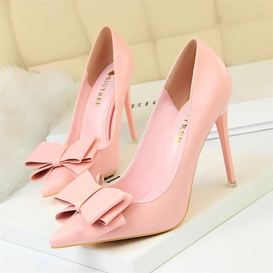 BIGTREE Bowknot Sweet Pumps Heels Soft Leather Women Stiletto-SH-1019