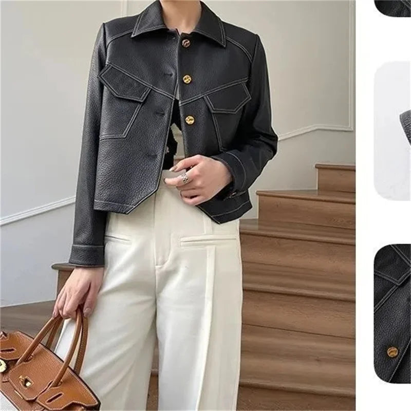 High-End Brown Women Bike Coat PU Leather Button Outfit Short Thin Female Jacket -JC-1022