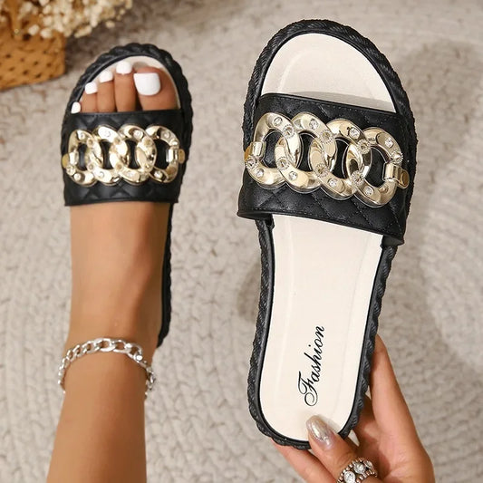 New Fashion Women's Square Toe Chain Flat Bottom Slippers Beach Herringbone Slippers Decorative-SH-1169