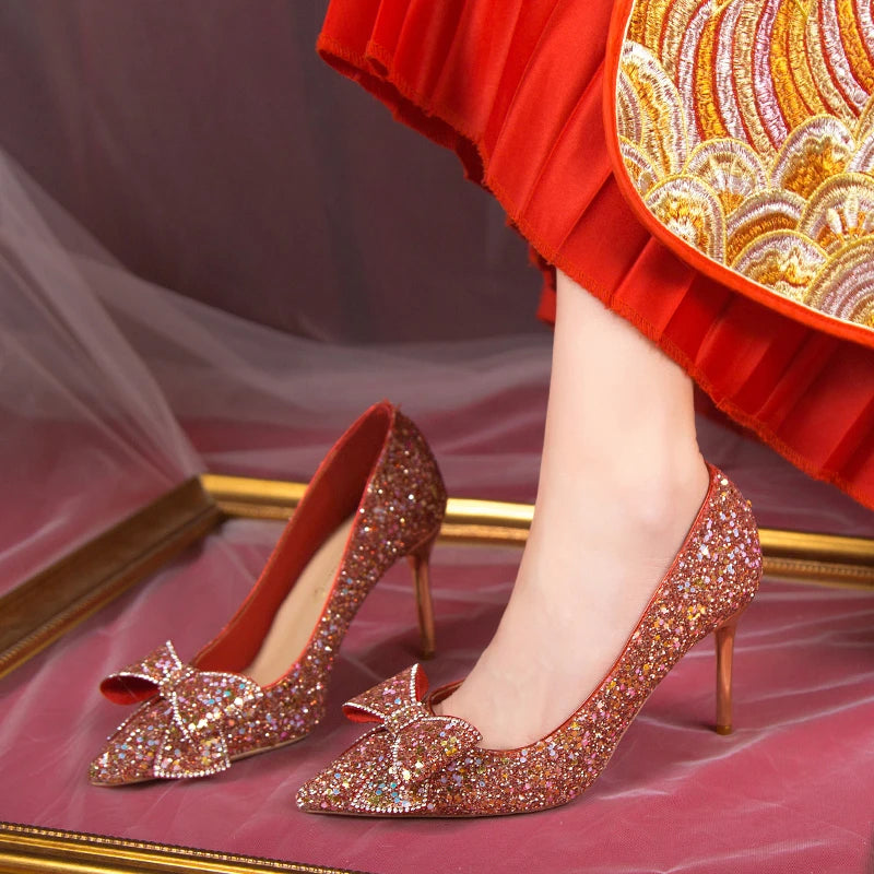 Rimocy Bling Shiny Glitter Pumps Women Heels Slip-On Sweet Bowknot Woman Wedding--SH-1181