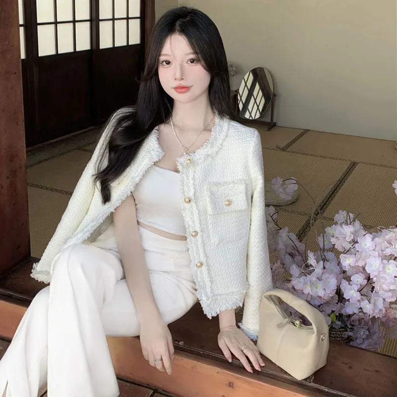 Lucyever Plaid Tweed Jacket Women White Round Neck Cropped Tassel Coat Outwear -JC-1033