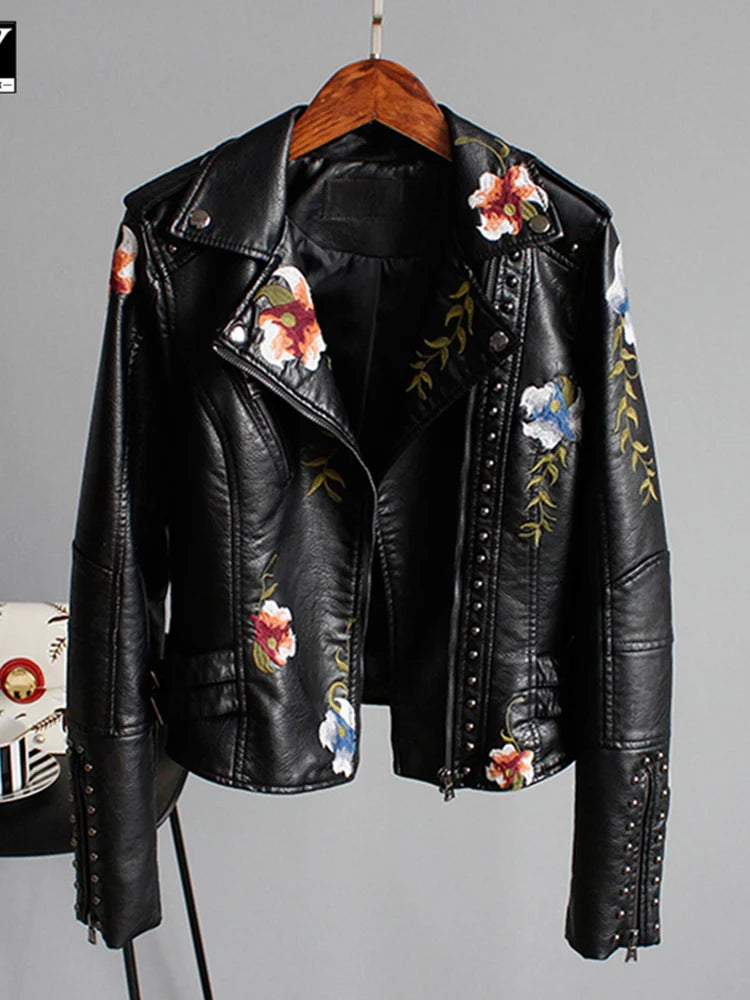 Ly Varey Lin Floral Print Embroidery Faux Soft Leather Jacket Women Pu Motorcycle Coat Female Zipper Rivet Outerwear-JC-1047