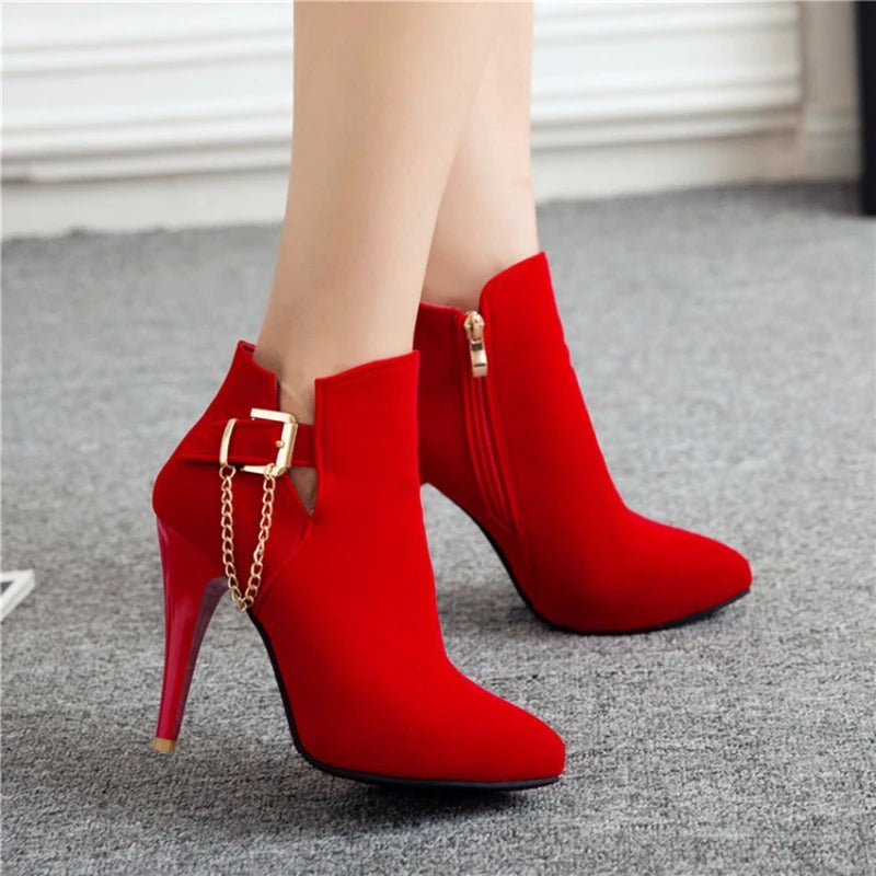 Ankle Boots Pointed Toe Thin Heels Flock Buckle-SH-1192