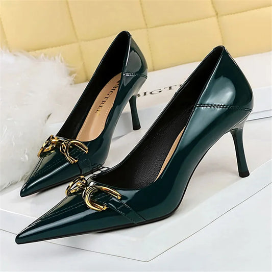 Women 7cm 10cm Wedding Bridal Pumps Heels Lady Scarpins Metal Chain Buckle -1016