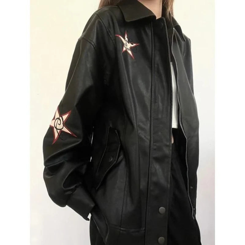 MEXZT Streetwear Pu Leather Jackets Women Oversized Embroidery Coat Vintage Turn Down Collar Loose Outwear  -JC-1039