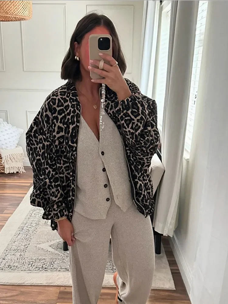 Women Fashion Leopard Printed Zipper Jacket Elegant O Neck Long Sleeves Loose Short Coat Chic Lady Outwear-JC-1060