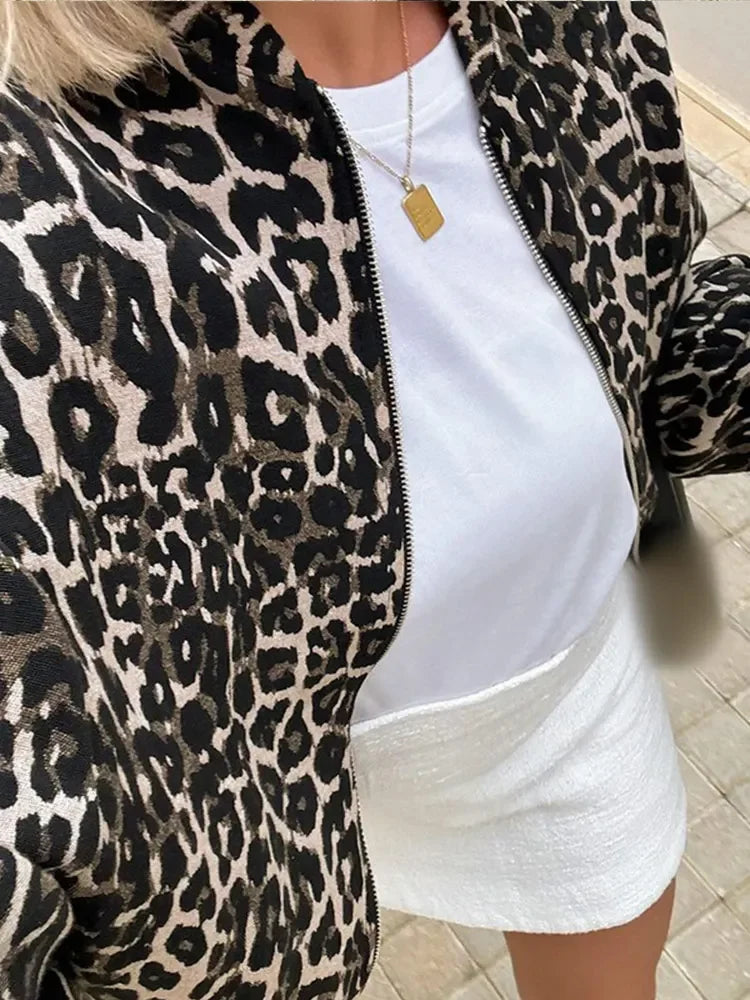 Women Fashion Leopard Printed Zipper Jacket Elegant O Neck Long Sleeves Loose Short Coat Chic Lady Outwear-JC-1060