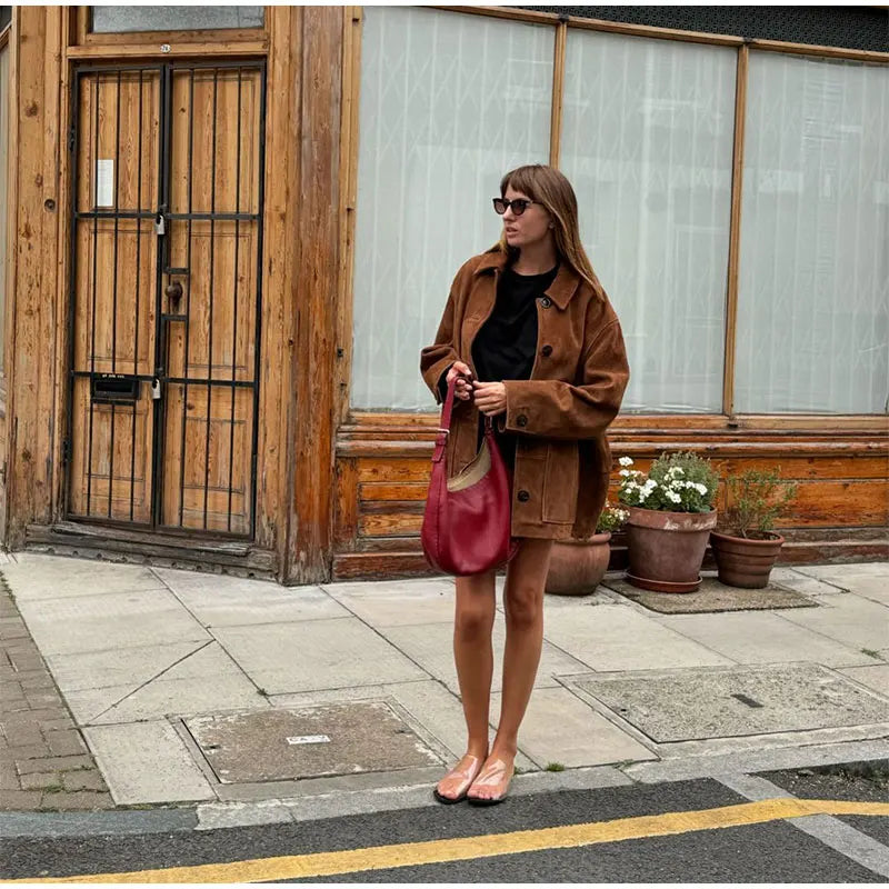 Vintage Brown Lapel With Pocket Jacket Women Fashion Long Sleeves Single Breasted Coat-JC-1052