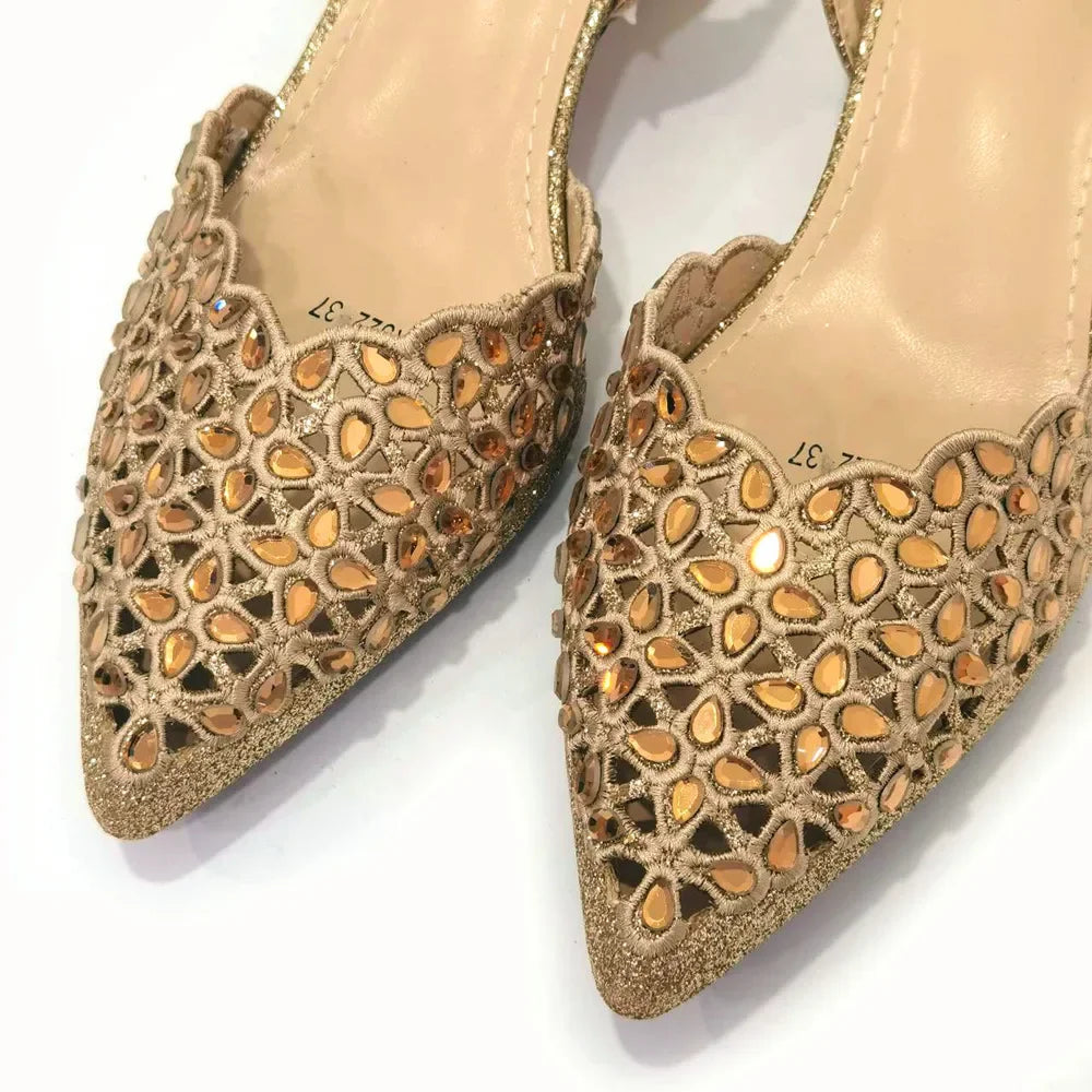 Women Hollowed Out Embroidery Design Gold Color Pointed-Toe and Bags Set-SH-1081