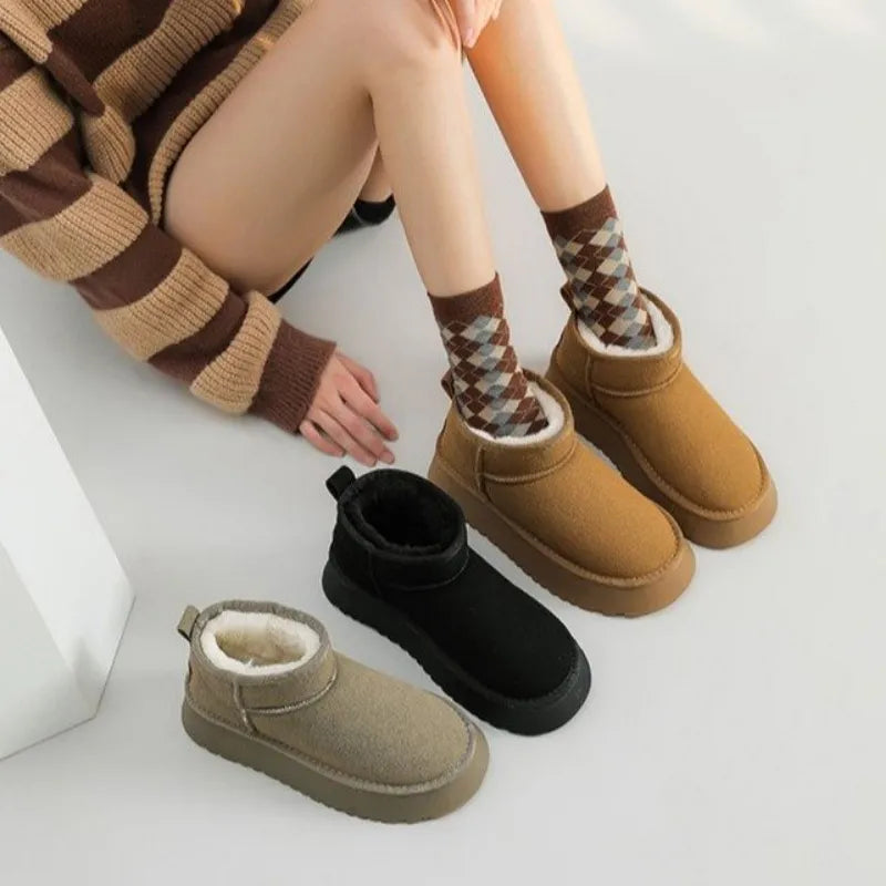 Women Short Plush Casual Ankle Boots Flats Platform Ladies Botas- SH-1040