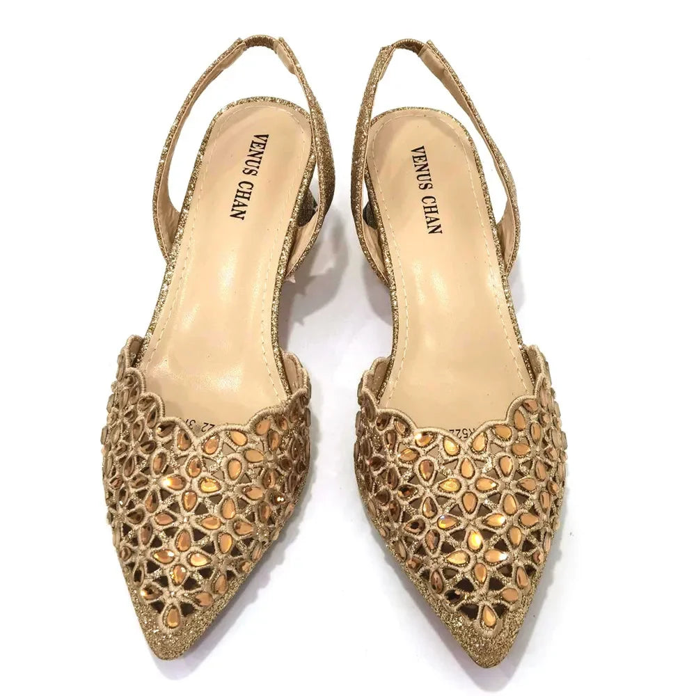 Women Hollowed Out Embroidery Design Gold Color Pointed-Toe and Bags Set-SH-1081