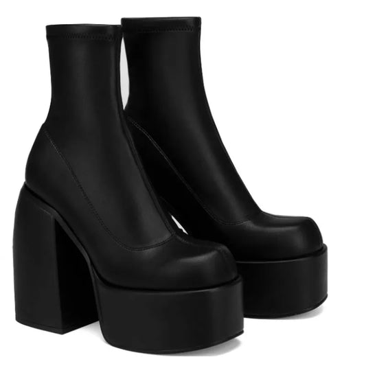 Women Toe Leather Platform  Boot Chunky Zipper Designer-SH-1044