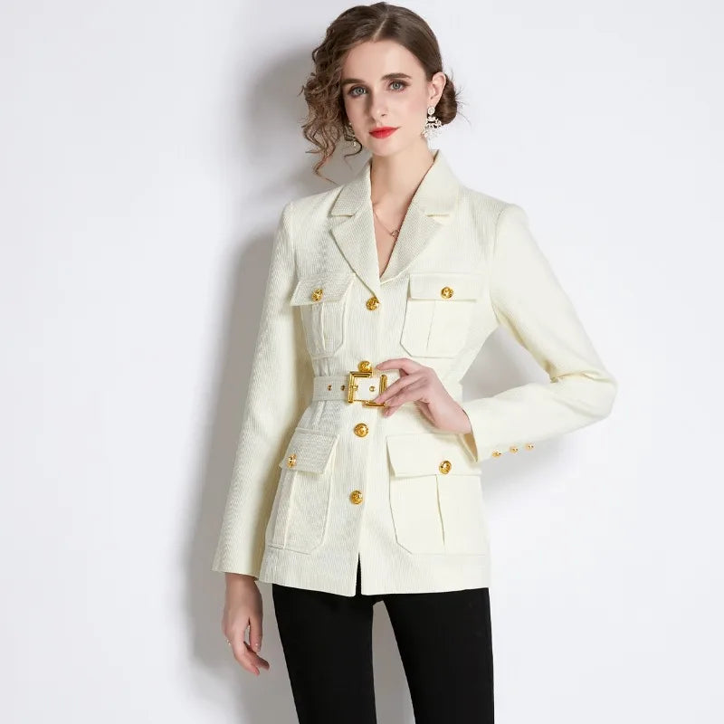 White Blazer Women Lapel Metal Button Pocket Design Suit Jacket Waist Thin with Belt Slim Top-JC-1059