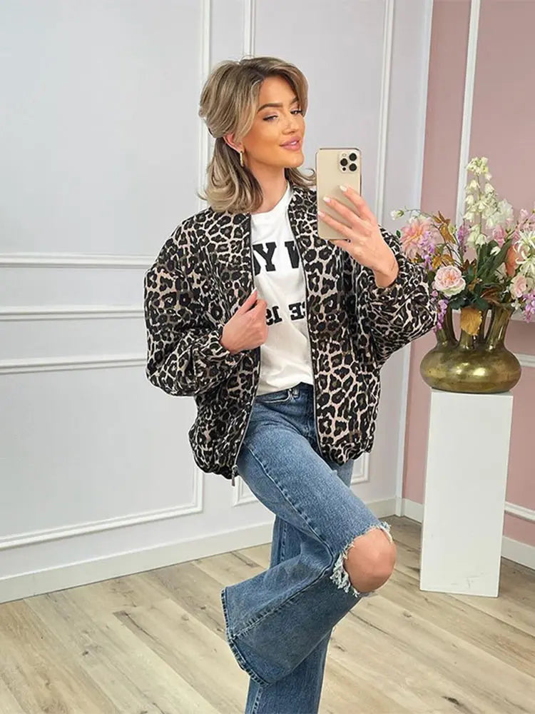 Women Fashion Leopard Printed Zipper Jacket Elegant O Neck Long Sleeves Loose Short Coat Chic Lady Outwear-JC-1060