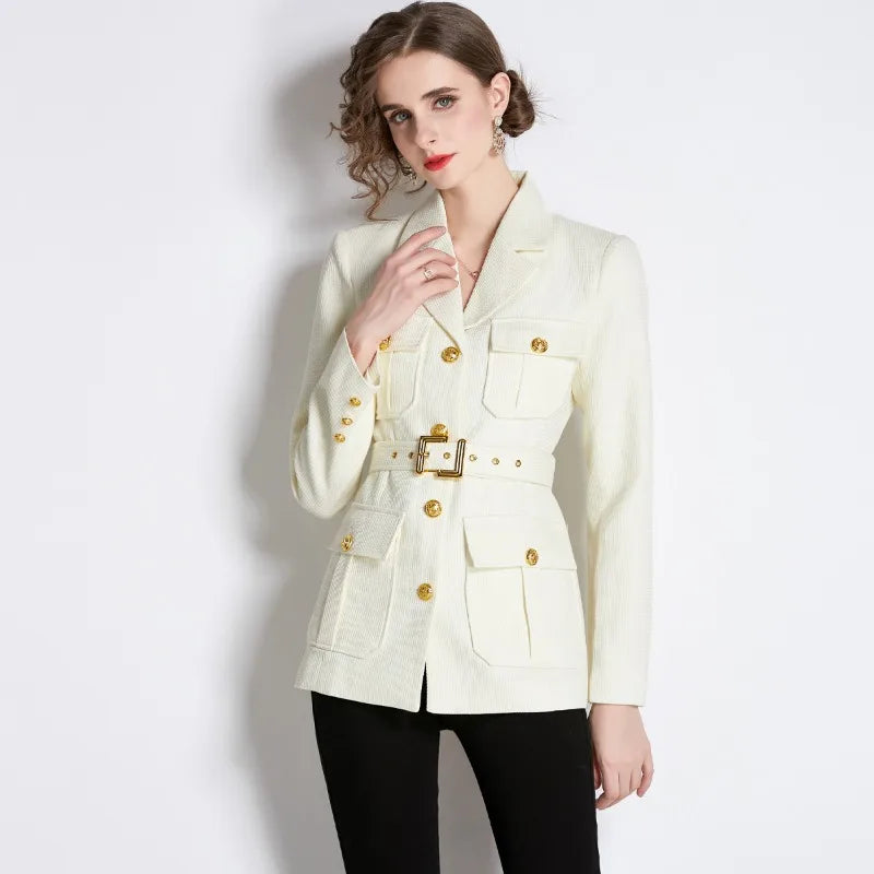 White Blazer Women Lapel Metal Button Pocket Design Suit Jacket Waist Thin with Belt Slim Top-JC-1059