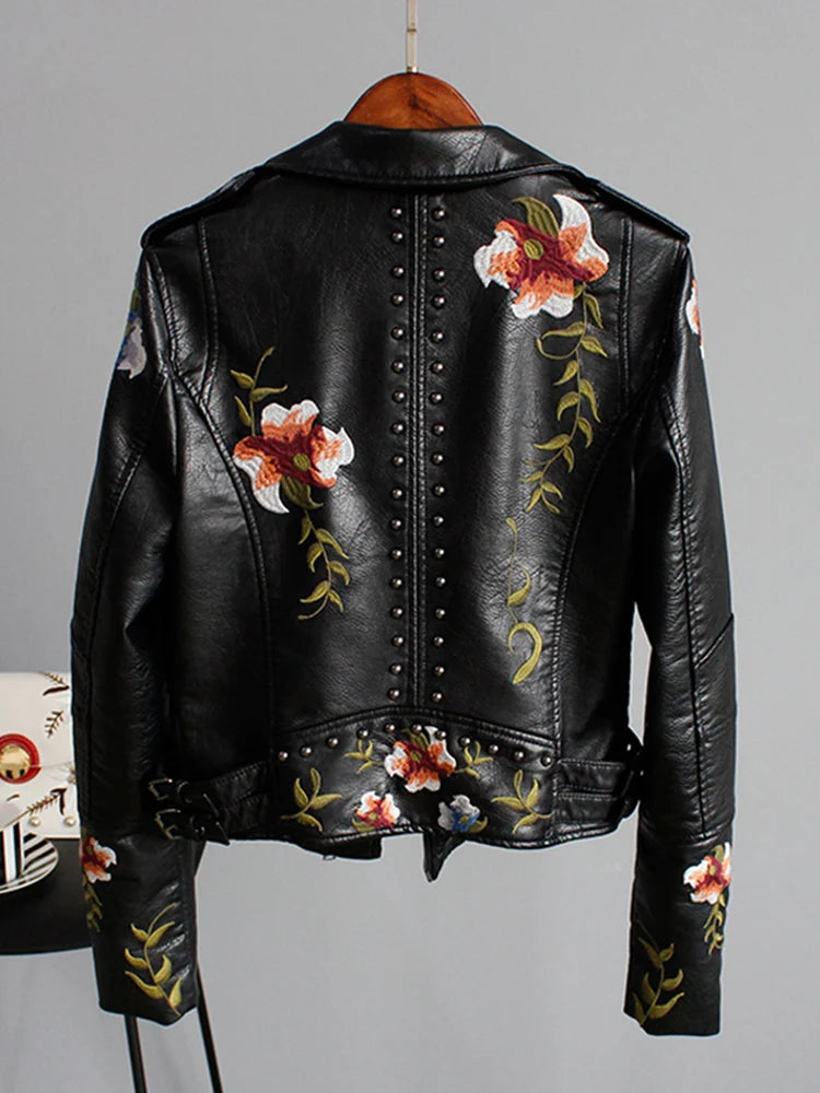 Ly Varey Lin Floral Print Embroidery Faux Soft Leather Jacket Women Pu Motorcycle Coat Female Zipper Rivet Outerwear-JC-1047