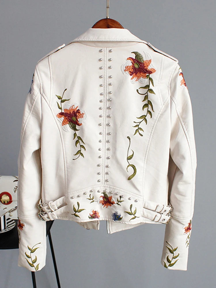 Ly Varey Lin Floral Print Embroidery Faux Soft Leather Jacket Women Pu Motorcycle Coat Female Zipper Rivet Outerwear-JC-1047