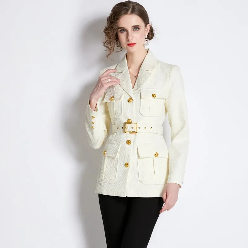 White Blazer Women Lapel Metal Button Pocket Design Suit Jacket Waist Thin with Belt Slim Top-JC-1059