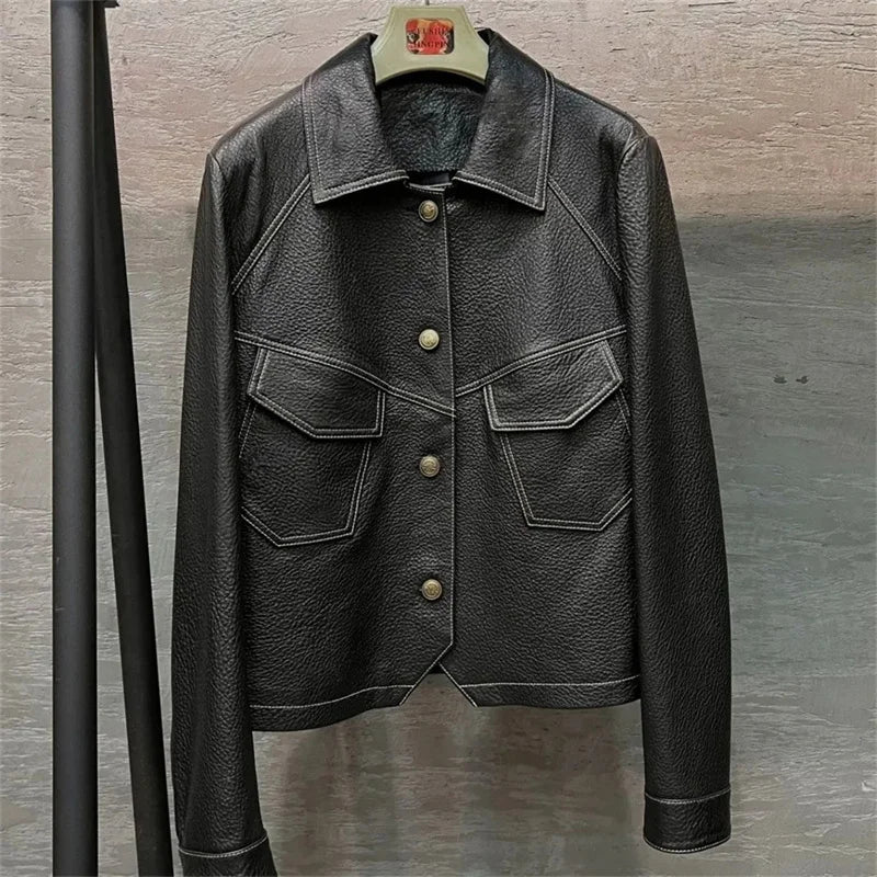 High-End Brown Women Bike Coat PU Leather Button Outfit Short Thin Female Jacket -JC-1022