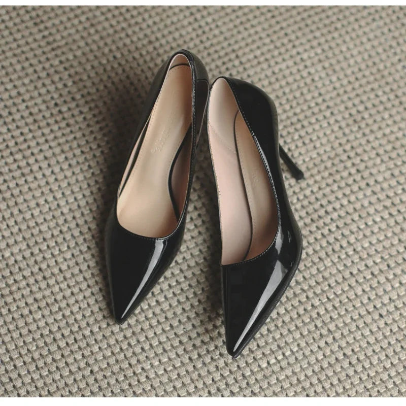 Lacquer Leather High Heels with Thin Heels Sandals Versatile Pointed Shallow-1024