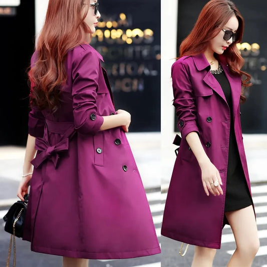 Purple Windbreaker Women's Mid-Length Trench Coat Slim Waist With Belt Outwear-JC-1062