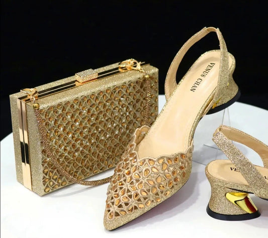 Women Hollowed Out Embroidery Design Gold Color Pointed-Toe and Bags Set-SH-1081