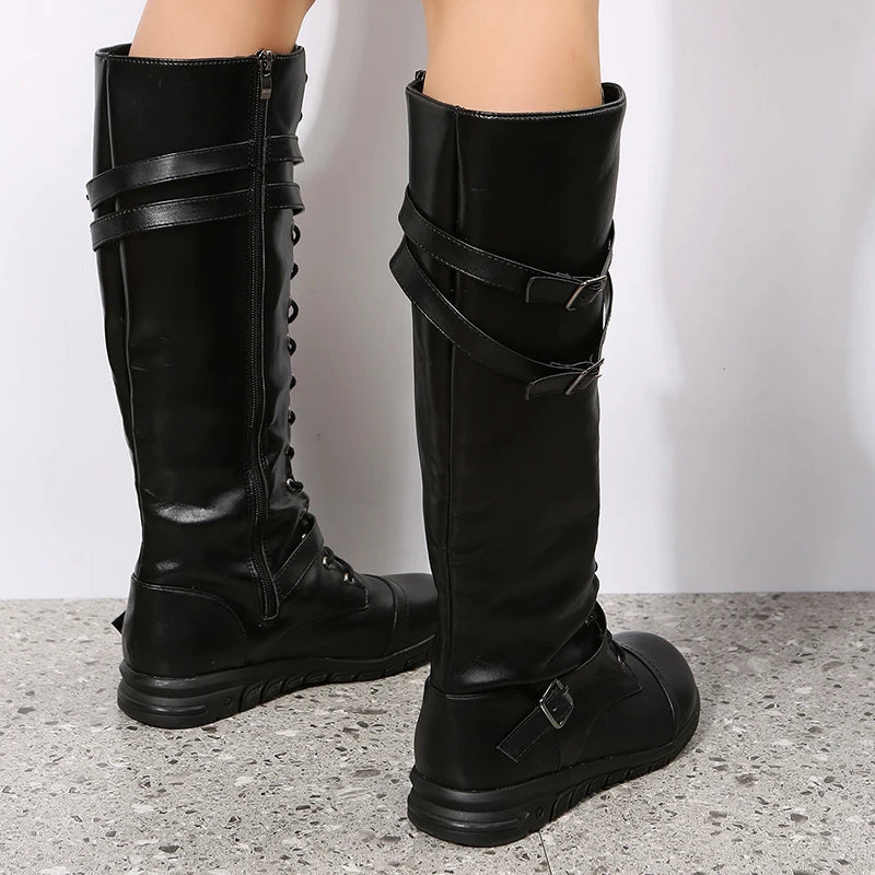 Boots for Women Combat Knee High Long Leather Platform Gothic Punk-SH-1159