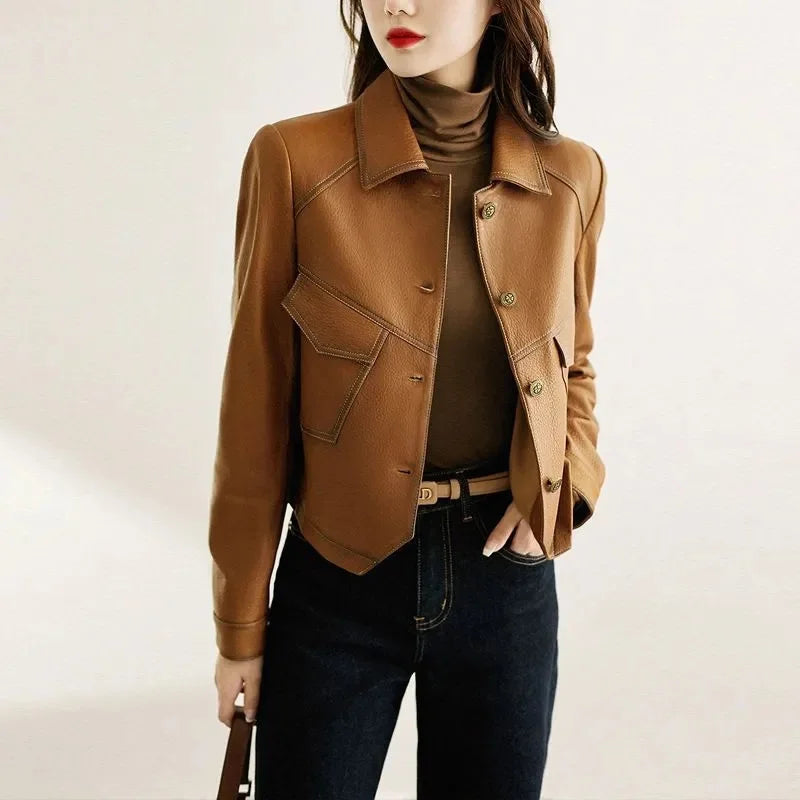 High-End Brown Women Bike Coat PU Leather Button Outfit Short Thin Female Jacket -JC-1022