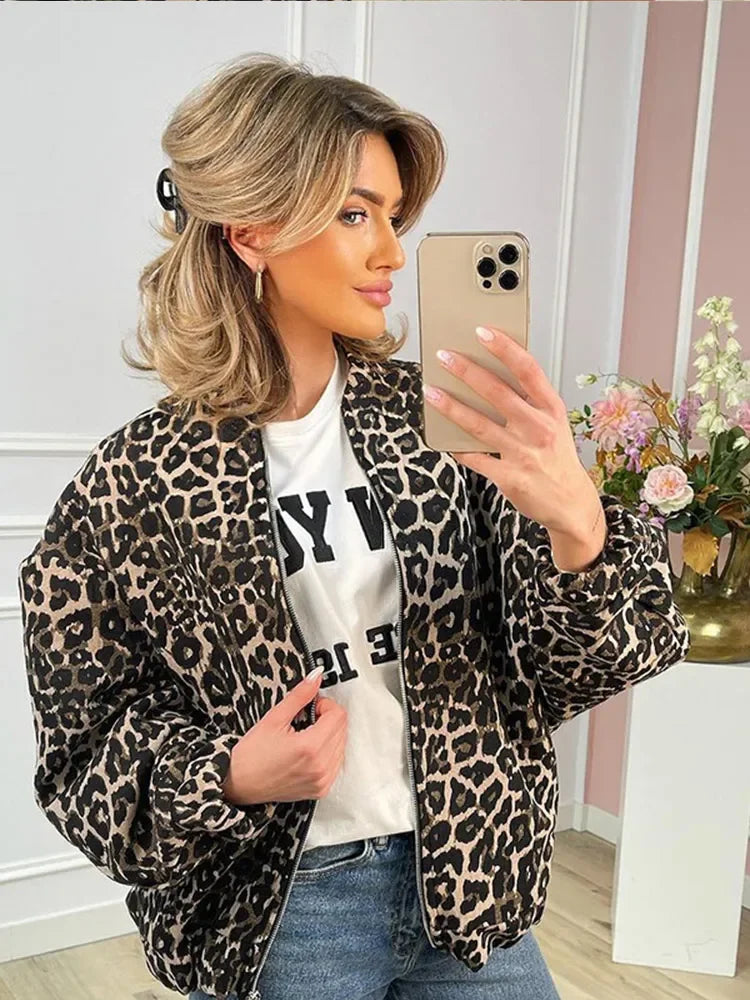 Women Fashion Leopard Printed Zipper Jacket Elegant O Neck Long Sleeves Loose Short Coat Chic Lady Outwear-JC-1060