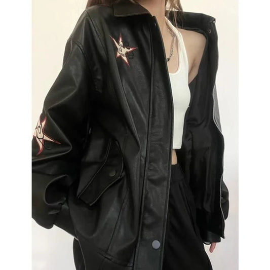 MEXZT Streetwear Pu Leather Jackets Women Oversized Embroidery Coat Vintage Turn Down Collar Loose Outwear  -JC-1039