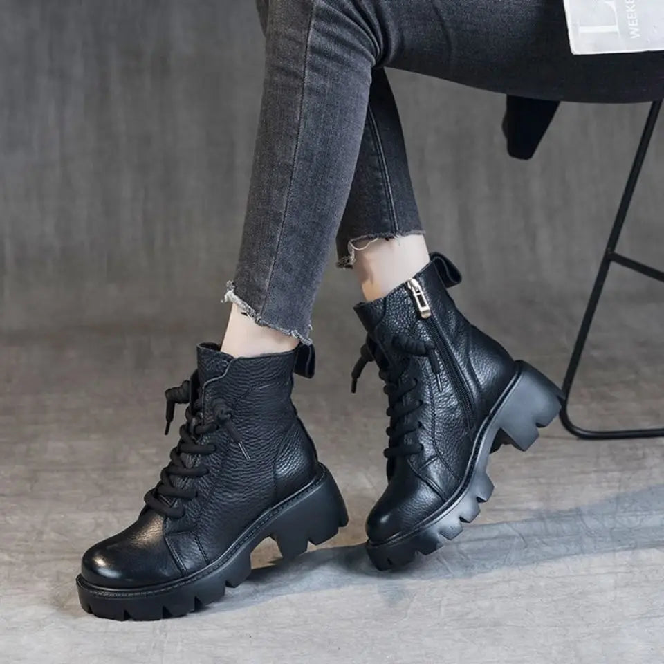 Booties Chunky Platform Fur Short Shoes for Women Biker Female Ankle Boots Combat Punk Style-SH-1198