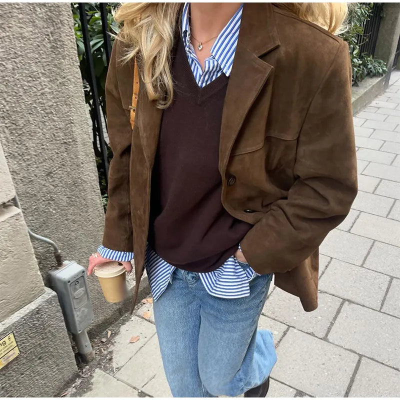 Vintage Brown Lapel With Pocket Jacket Women Fashion Long Sleeves Single Breasted Coat-JC-1052