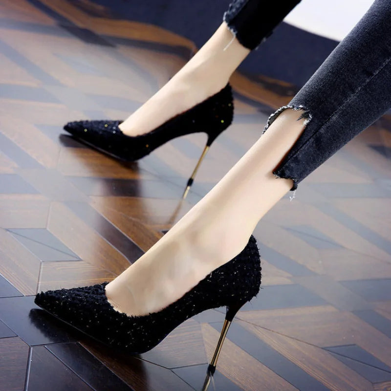 New High Heels Elegant Ladies Stilettos Womens Pointed Black Etiquette Professional-SH-1174