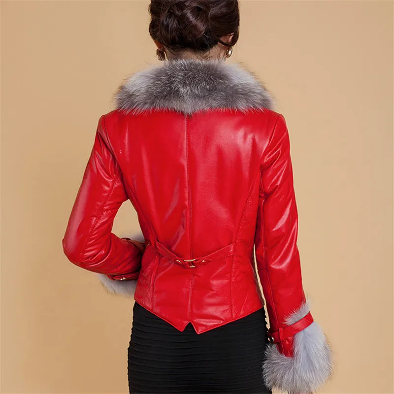 Leather Jacket Women Coat Faux Fox Fur Collar Short Coat PU Leather New Winter Female Jacket Elegant Motorcycle Zipper Outerwear-JC-1050