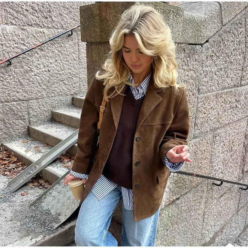 Vintage Brown Lapel With Pocket Jacket Women Fashion Long Sleeves Single Breasted Coat-JC-1052