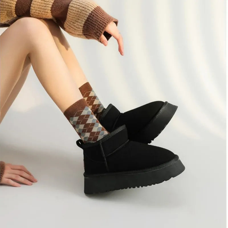 Women Short Plush Casual Ankle Boots Flats Platform Ladies Botas- SH-1040