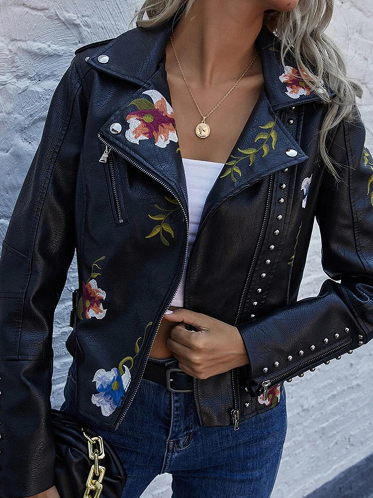 Ly Varey Lin Floral Print Embroidery Faux Soft Leather Jacket Women Pu Motorcycle Coat Female Zipper Rivet Outerwear-JC-1047