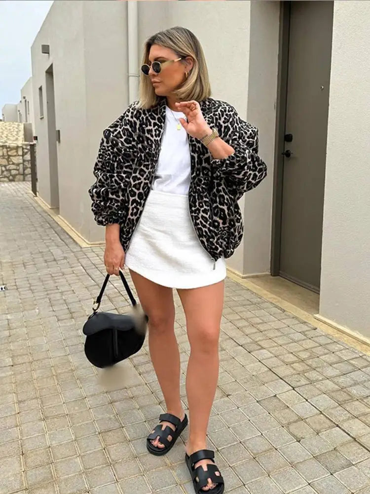 Women Fashion Leopard Printed Zipper Jacket Elegant O Neck Long Sleeves Loose Short Coat Chic Lady Outwear-JC-1060