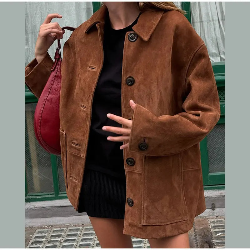 Vintage Brown Lapel With Pocket Jacket Women Fashion Long Sleeves Single Breasted Coat-JC-1052