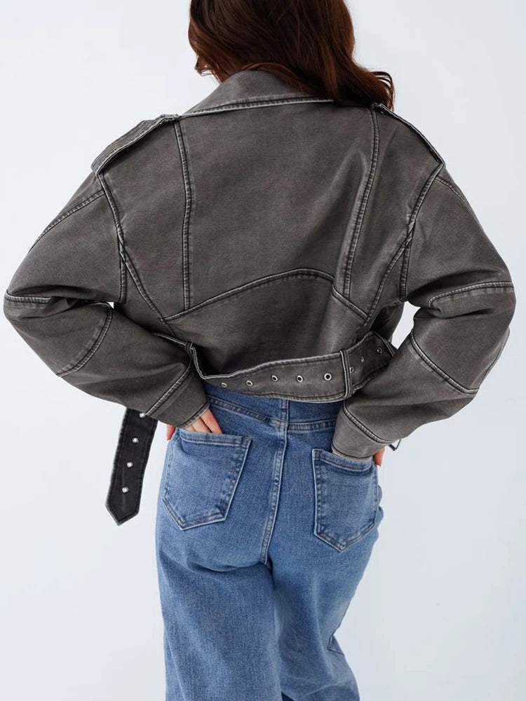 Vintage Women Streetwear Short Pu Faux Leather Jacket Zipper Belt Moto Biker Coat-JC-1063