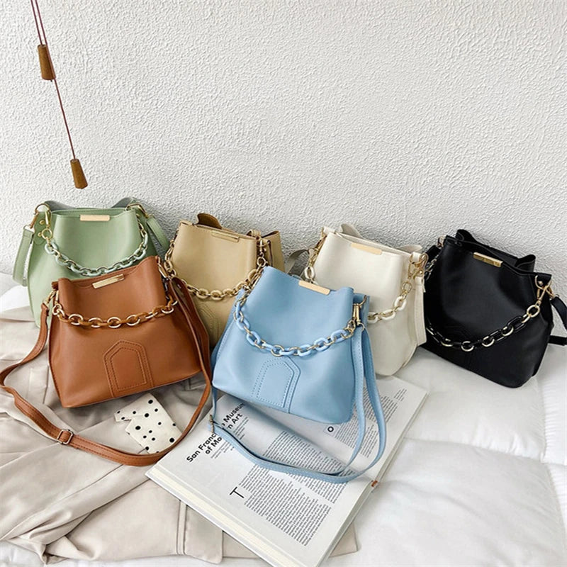 Elegant Female Chain Tote Bucket Bag Women Chain Pu Leather-BG-1071