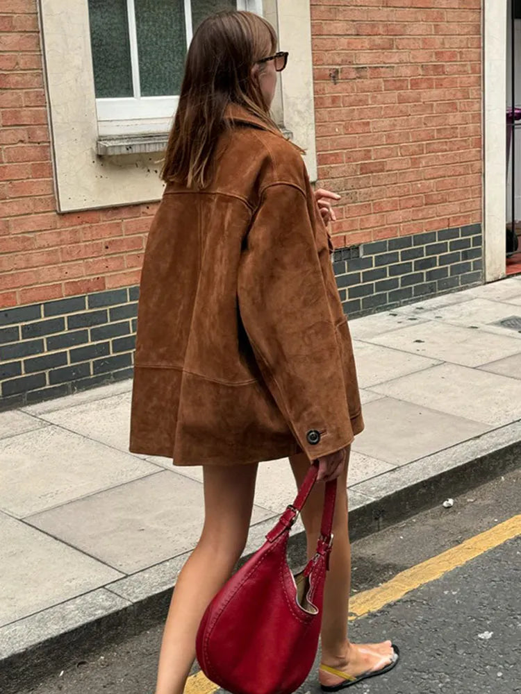 Vintage Brown Lapel With Pocket Jacket Women Fashion Long Sleeves Single Breasted Coat-JC-1052