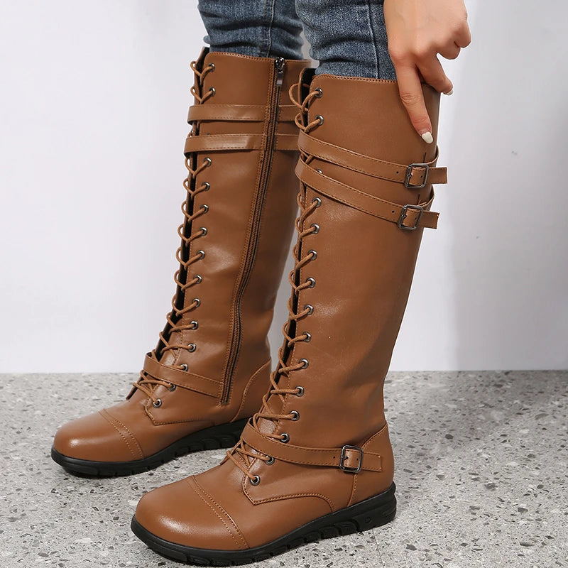 Boots for Women Combat Knee High Long Leather Platform Gothic Punk-SH-1159