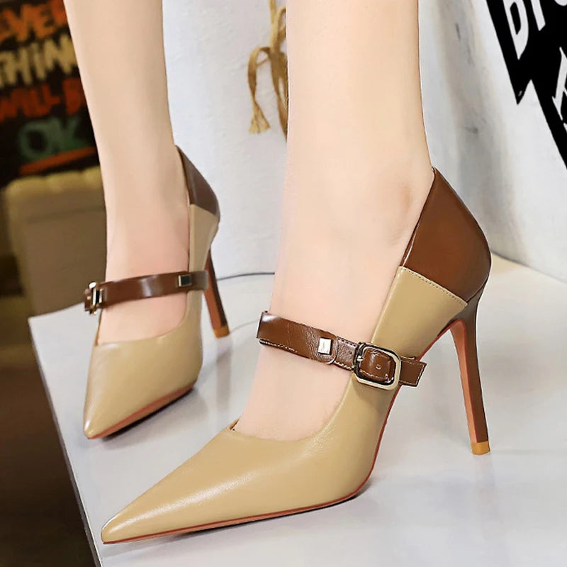 Women Sandals High Heels Pu Leather Women Metal Buckle Office- SH-1069