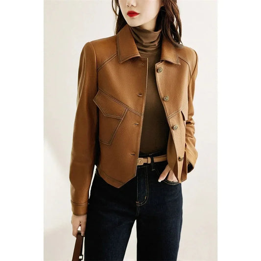 High-End Brown Women Bike Coat PU Leather Button Outfit Short Thin Female Jacket -JC-1022