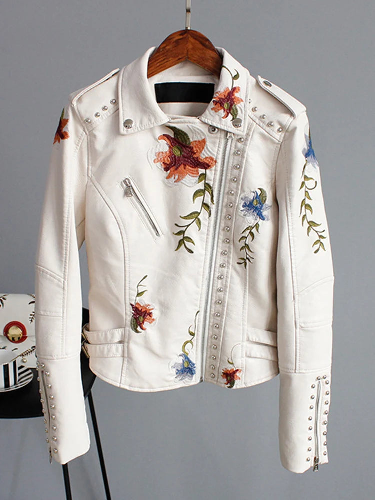 Ly Varey Lin Floral Print Embroidery Faux Soft Leather Jacket Women Pu Motorcycle Coat Female Zipper Rivet Outerwear-JC-1047