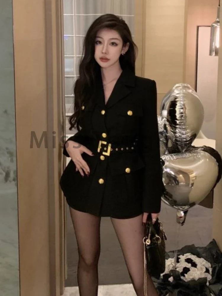 Winter French Black Vintage Jacket Women Pockets Belt Elegant Overcoat Long Sleeve-JC-1058